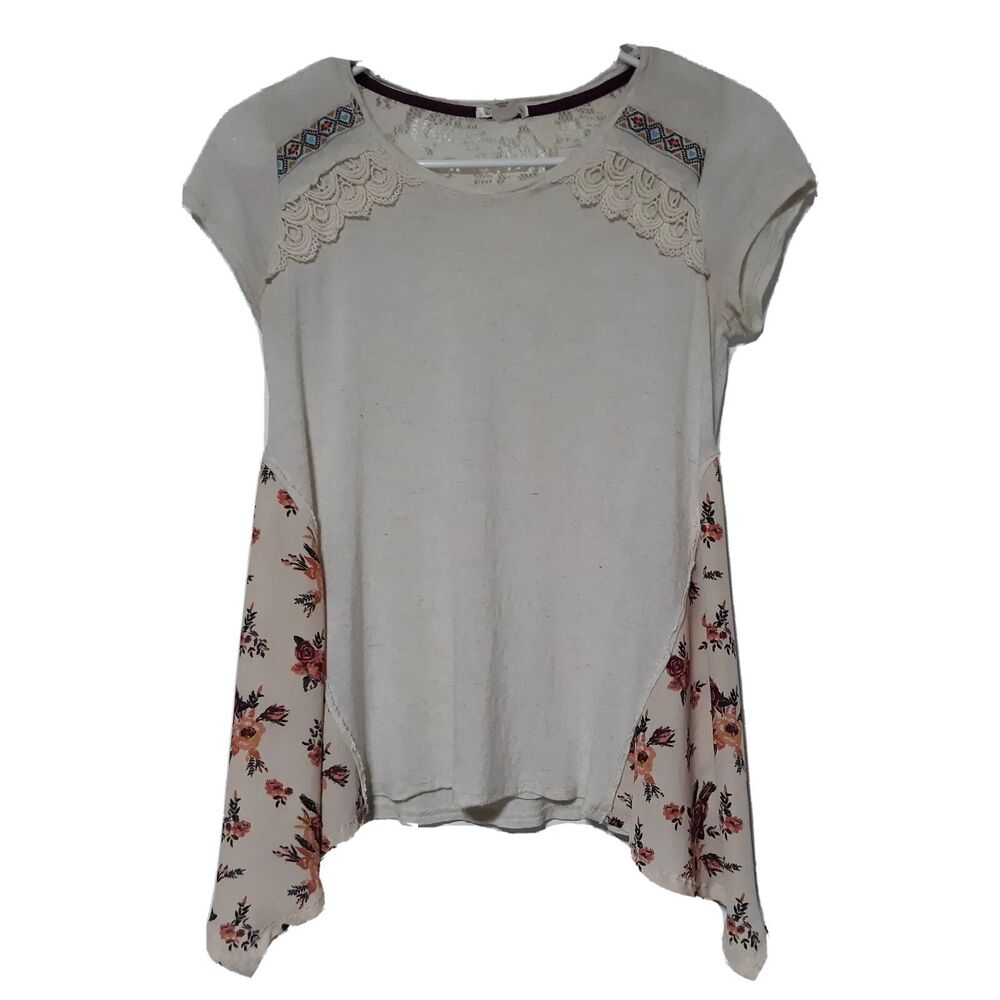 Xhilaration Womens Shirt Top Boho Lace Floral Flowers S Small Ivory Red Pink
